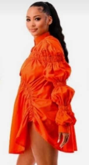 Orange Puff Sleeve Button Down Tunic/Dress Side View