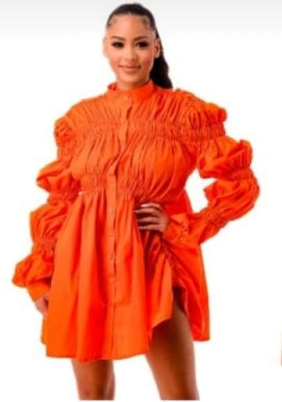 Orange Puff Sleeve Button Down Tunic/Dress Front View