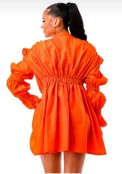 Orange Puff Sleeve Button Down Tunic/Dress Back View